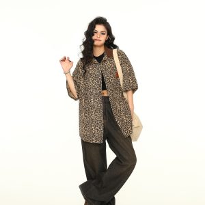 Vintage Leopard Print Denim Jacket with Polo Collar - Unisex Retro Streetwear Short Sleeve