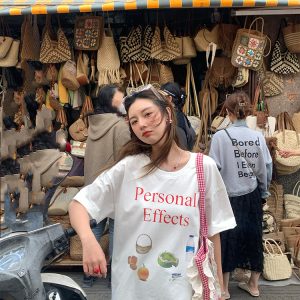 Vintage 'Love and Time' Retro Short Sleeve Printed T-Shirt for Women, Summer Loose Fit Round Neck Top, Y2K Style