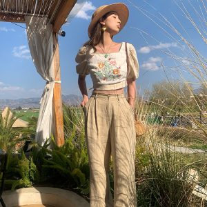 Vintage Mountain Breeze Retro Cotton Linen Casual Pants for Women - Summer Thin Loose High Waist Wide Leg Trousers