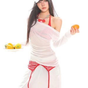 Vintage Off-Shoulder Long Sleeve T-Shirt for Women - Sheer Ruffled Summer Top, Waist-Defined Sun Protection, Hot Girl Style