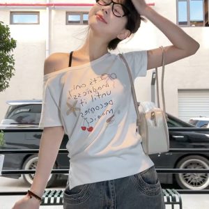 Vintage Off-Shoulder T-Shirt for Women, Summer Hand-Painted Graffiti Print, Loose Casual One-Shoulder Top, 90s Street Style