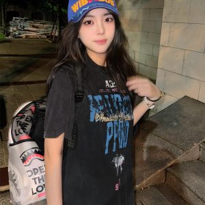 Vintage Oversized Short Sleeve T-Shirt for Women, Y2K Street Style Cotton Tee with Letter Print, Summer Loose Fit Top