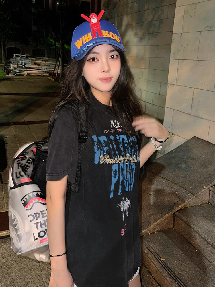 Vintage Oversized Short Sleeve T-Shirt for Women, Y2K Street Style Cotton Tee with Letter Print, Summer Loose Fit Top