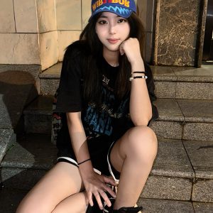 Vintage Oversized Short Sleeve T-Shirt for Women, Y2K Street Style Cotton Tee with Letter Print, Summer Loose Fit Top