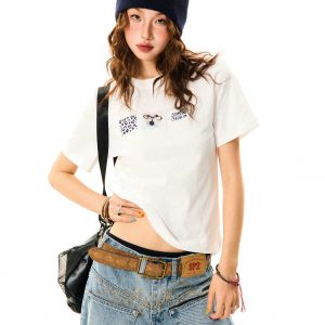 Vintage Patch Embroidery Short Sleeve T-Shirt for Women - Casual Summer Top, Versatile American Style Fashion