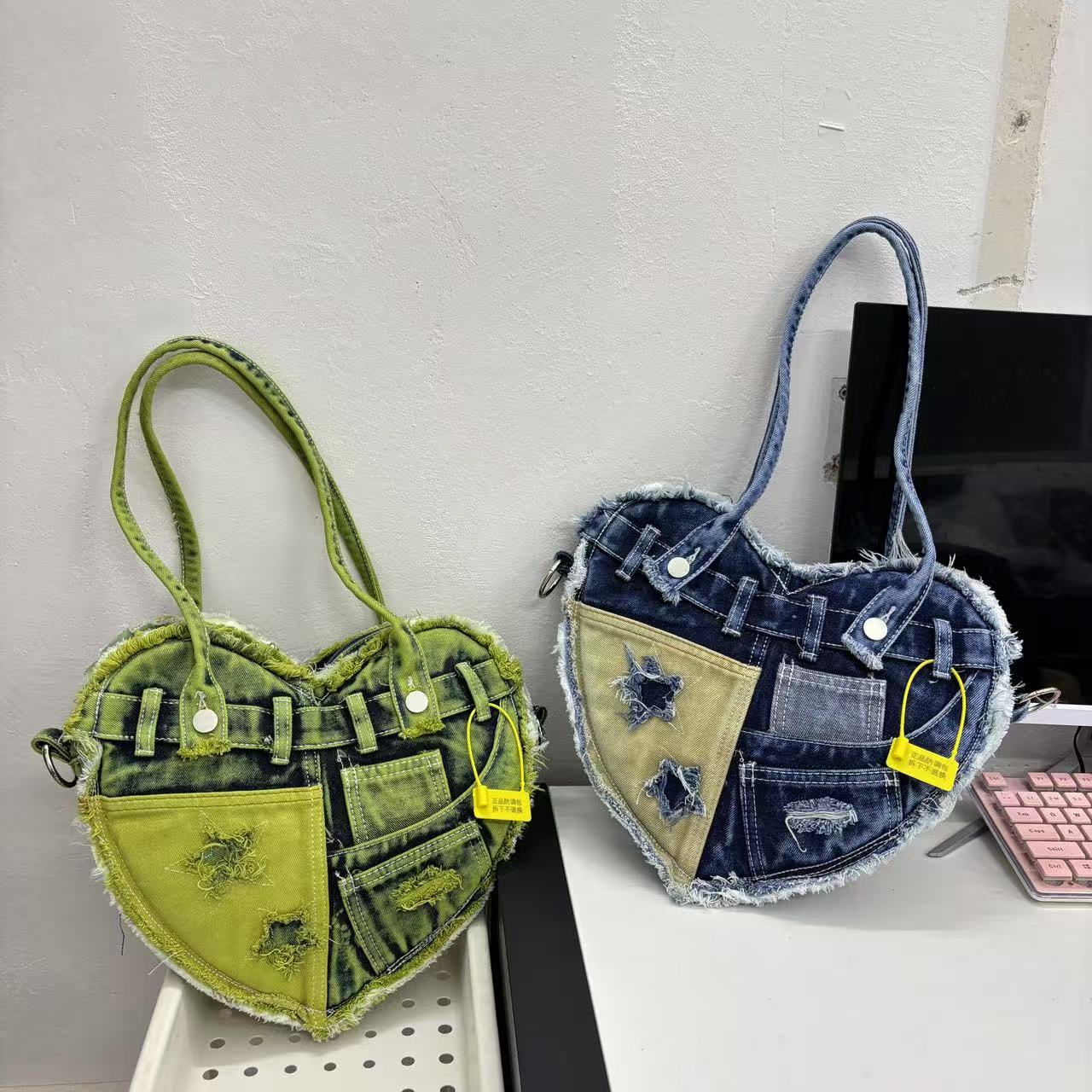 Vintage Patchwork Washed Fringe Denim Heart Crossbody Bag - Trendy Underarm Shoulder Bag for Y2K Style Enthusiasts