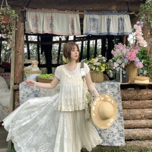 Vintage Pearl Dream Butterfly Lace Patchwork Sleeveless Dress - Women's Summer Forest Style Remake Long Dress, Y2K Aesthetic