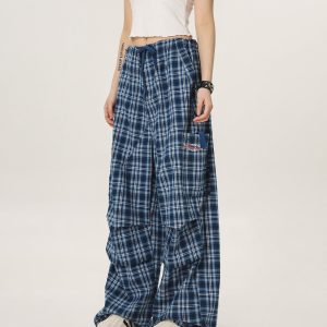 Vintage Plaid Workwear Casual Pants for Women - Loose Straight Wide-Leg BF Style, Perfect for 90s and Y2K Inspired Looks