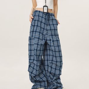 Vintage Plaid Workwear Casual Pants for Women - Loose Straight Wide-Leg BF Style, Perfect for 90s and Y2K Inspired Looks