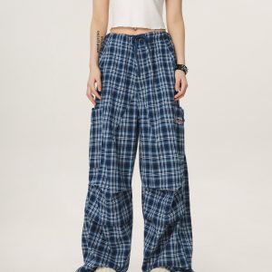 Vintage Plaid Workwear Casual Pants for Women - Loose Straight Wide-Leg BF Style, Perfect for 90s and Y2K Inspired Looks