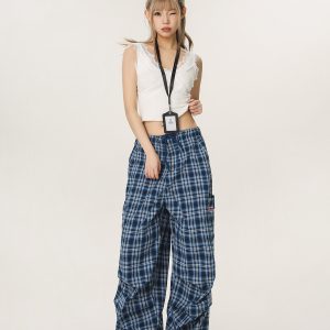 Vintage Plaid Workwear Casual Pants for Women - Loose Straight Wide-Leg BF Style, Perfect for 90s and Y2K Inspired Looks