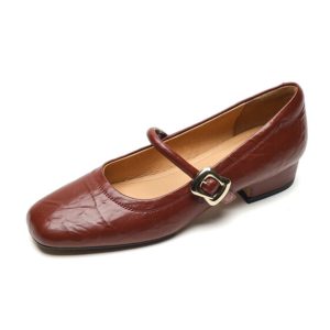 Vintage Red Mary Jane Shoes for Women - Chunky Heels, Genuine Leather, Square Toe, Open Toe Strap - 90s Y2K Style