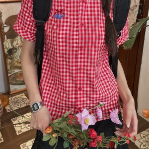 Vintage Red Plaid Short Sleeve Shirt for Summer - Slim Fit Casual Versatile Top, Perfect for 90s and Y2K Inspired Outfits