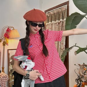 Vintage Red Plaid Short Sleeve Shirt for Summer - Slim Fit Casual Versatile Top, Perfect for 90s and Y2K Inspired Outfits