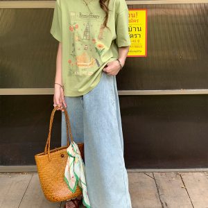 Vintage Retro Lace Trim High-Waisted Denim Pants for Women - Summer Loose Wide-Leg Trousers, 90s Inspired Fashion