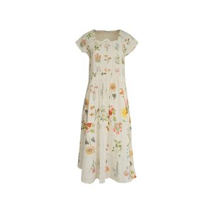 Vintage Retro Linen Short Sleeve Square Neck Dress - Women's Summer High Waist Flared Skirt, 90s Y2K Style