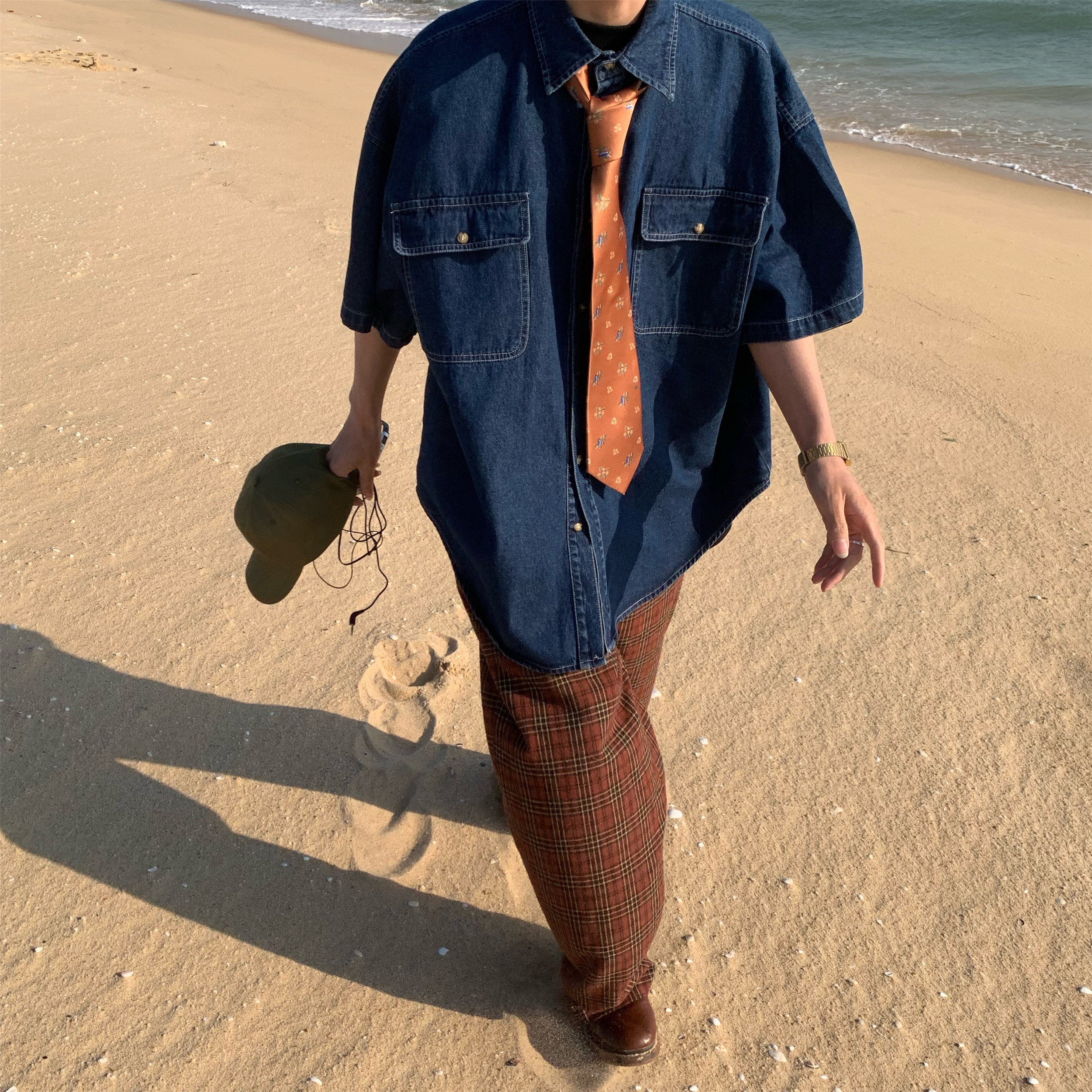 Vintage Retro Loose Short-Sleeve Denim Shirt for Couples - Handmade Washable Korean Style Half-Sleeve Top
