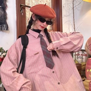 Vintage Striped Long Sleeve Shirt for Men and Women - Versatile Loose Fit Tie Top for Spring and Autumn, Y2K American Style