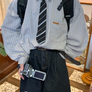 Vintage Striped Long Sleeve Shirt for Men and Women - Versatile Loose Fit Tie Top for Spring and Autumn, Y2K American Style