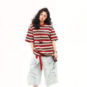 Vintage Striped Sausage Dog Embroidered Short Sleeve T-Shirt for Women - Loose Fit Summer Tee, Casual Style