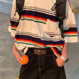 Vintage Striped Short Sleeve T-Shirt for Men and Women, Casual Round Neck Top, Versatile Summer Style, 90s Inspired Fashion
