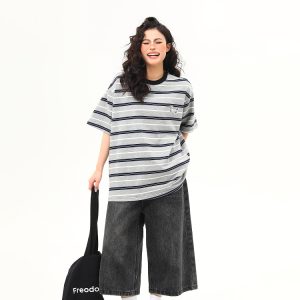 Vintage Striped Short Sleeve T-Shirt for Women with Dog Embroidery - Loose High-Quality Gray Tee, Perfect for Casual Y2K Style