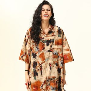 Vintage Style Oil Painting Short Sleeve Shirt for Women - Trendy Loose Fit Summer Top 2025, Boho Aesthetic Fashion