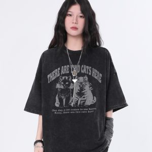 Vintage Washed Black Short Sleeve T-Shirt for Women with Niche Design - 