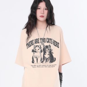 Vintage Washed Black Short Sleeve T-Shirt for Women with Niche Design - 