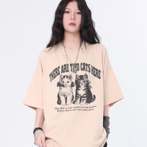 Vintage Washed Black Short Sleeve T-Shirt for Women with Niche Design - 