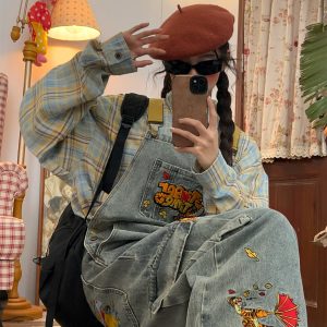 Vintage Washed Blue Denim Overalls Unisex Retro Jumpsuit for a Playful 90s Style Look - Versatile Fashion Essential