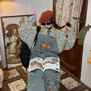 Vintage Washed Blue Denim Overalls Unisex Retro Jumpsuit for a Playful 90s Style Look - Versatile Fashion Essential