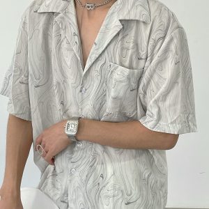 Vintage Wave Pattern Ice Silk Short Sleeve Shirt for Men, Loose Casual Cuban Collar Beach Shirt - Summer Style