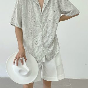 Vintage Wave Pattern Ice Silk Short Sleeve Shirt for Men, Loose Casual Cuban Collar Beach Shirt - Summer Style