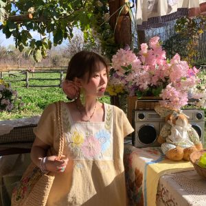 Vintage Wheat Field Dream Embroidered Linen Cotton Short Sleeve Square Neck Top Women's Summer T-Shirt Blouse Y2K Style