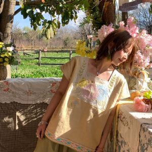 Vintage Wheat Field Dream Embroidered Linen Cotton Short Sleeve Square Neck Top Women's Summer T-Shirt Blouse Y2K Style