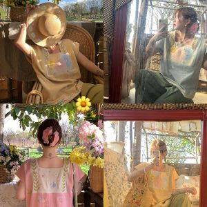 Vintage Wheat Field Dream Embroidered Linen Cotton Short Sleeve Square Neck Top Women's Summer T-Shirt Blouse Y2K Style