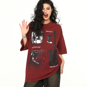 Vintage Wine Red Oversized Short-Sleeve T-Shirt for Men and Women, American Street Style Couple Top, Trendy 90s A-Zi Fashion