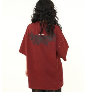 Vintage Wine Red Oversized Short-Sleeve T-Shirt for Men and Women, American Street Style Couple Top, Trendy 90s A-Zi Fashion