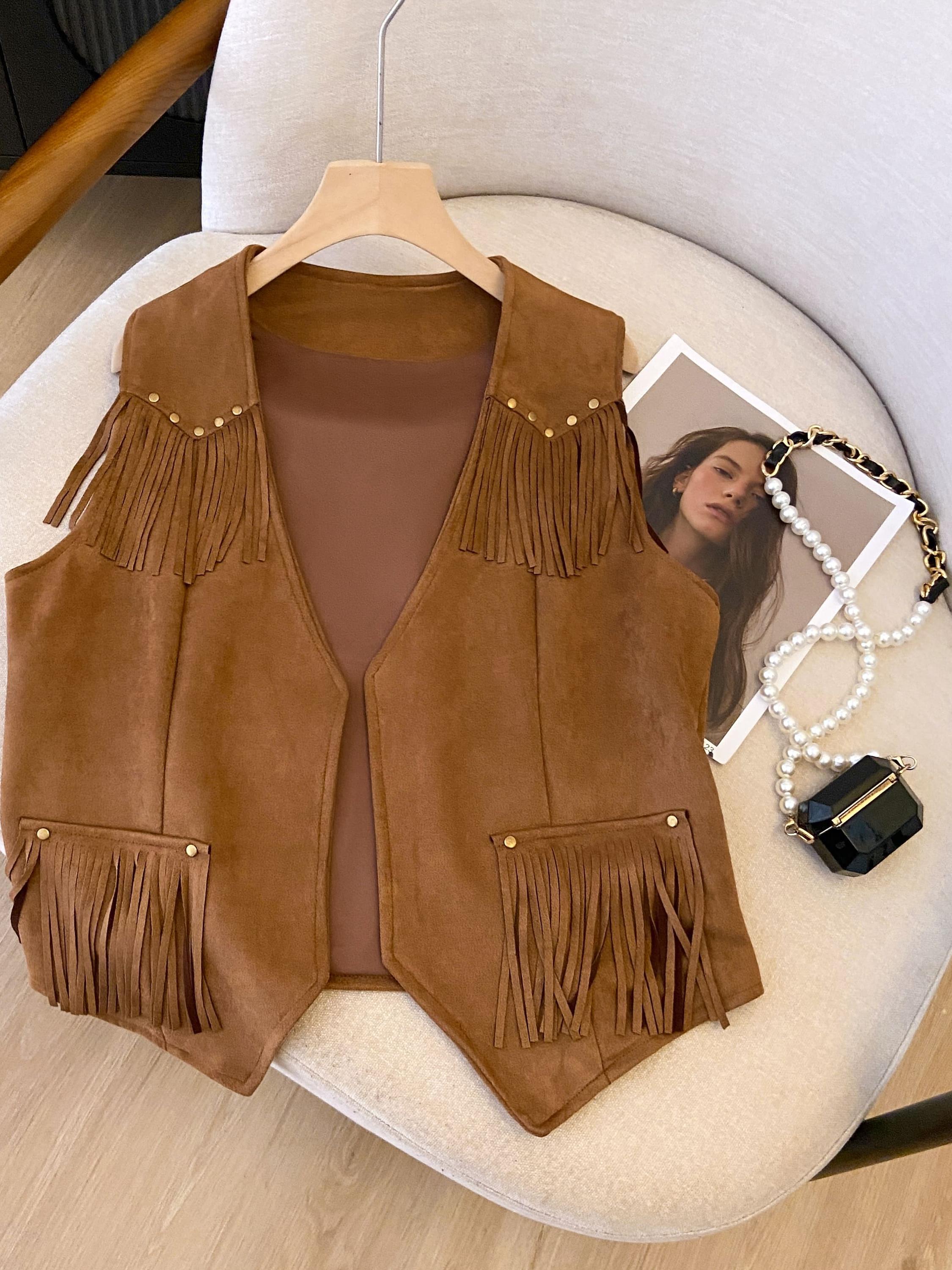 Vintage Women's Suede Vest with Studded Design and Deer Tassels - Boho Chic Outerwear for Stylish Fall Looks
