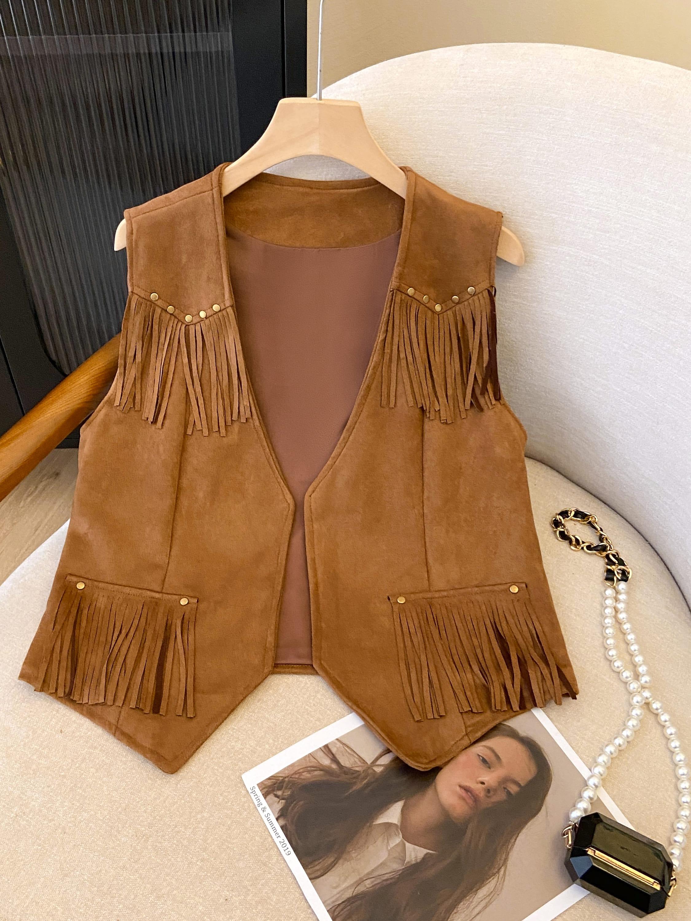 Vintage Women's Suede Vest with Studded Design and Deer Tassels - Boho Chic Outerwear for Stylish Fall Looks