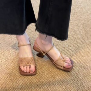 Vintage Woven One-Strap Roman Sandals for Women - Chunky Heels, Square Toe, Elegant Open-Toe, Two-Way Wear