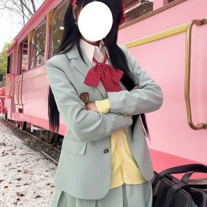 Waist-Defined Blazer Set in Ice Moss - Women's JK Uniform Style for Spring College Looks - Trendy Pudding Bear Design