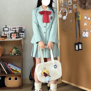 Waist-Defined Blazer Set in Ice Moss - Women's JK Uniform Style for Spring College Looks - Trendy Pudding Bear Design