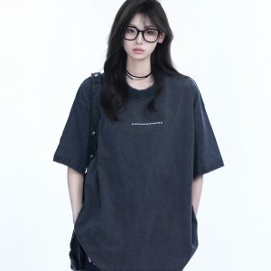 Washed Distressed Short Sleeve T-Shirt for Women - American Street Style with Unique Loose Round Neck