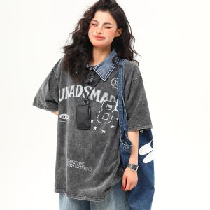 Water-Washed Heavyweight Denim Collar Short Sleeve T-Shirt for Men and Women - Summer American Retro Trendy Tee