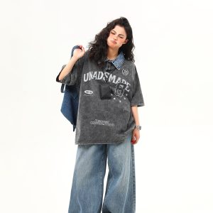 Water-Washed Heavyweight Denim Collar Short Sleeve T-Shirt for Men and Women - Summer American Retro Trendy Tee