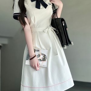 White Doll Collar Embroidered Waist-Tie Dress in College Style for Women - Summer Pudding Bear JK Uniform Inspired Fashion