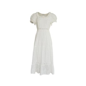 White French Cotton Short Sleeve Square Neck Dress with Puff Sleeves - Vintage Inspired Summer Dress for Women, 90s Style