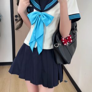 White JK Uniform Sailor Suit with Camellia Design - Women's Waist-Defined College Style Summer Short Sleeve Set